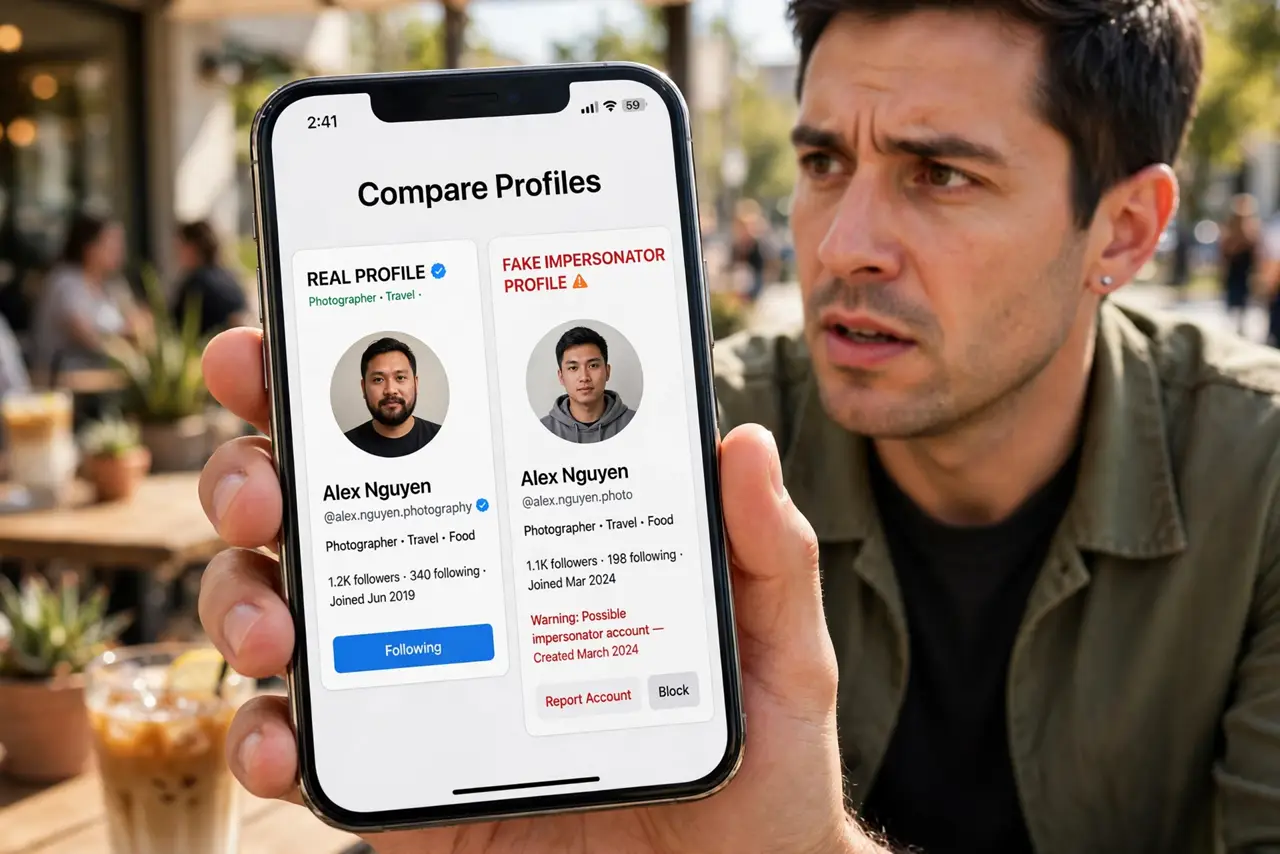 a person comparing a real profile and a fake impersonator profile side by side on a real phone with legible usernames, the person's face suspicious, warning a friend.