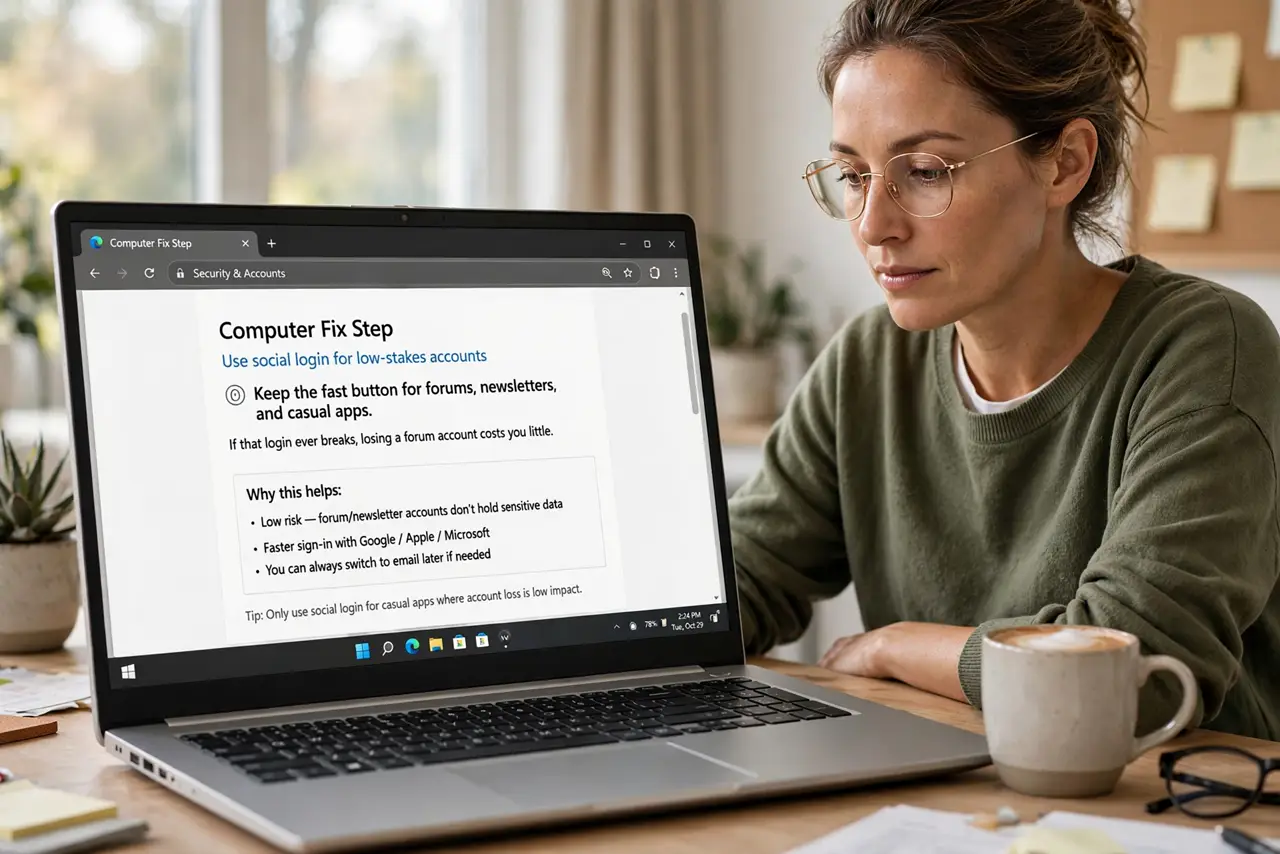 A person performing step 1 of the guide: Use social login for low-stakes accounts. Keep the fast button for forums, newsletters, and casual apps. If that login ever breaks,...