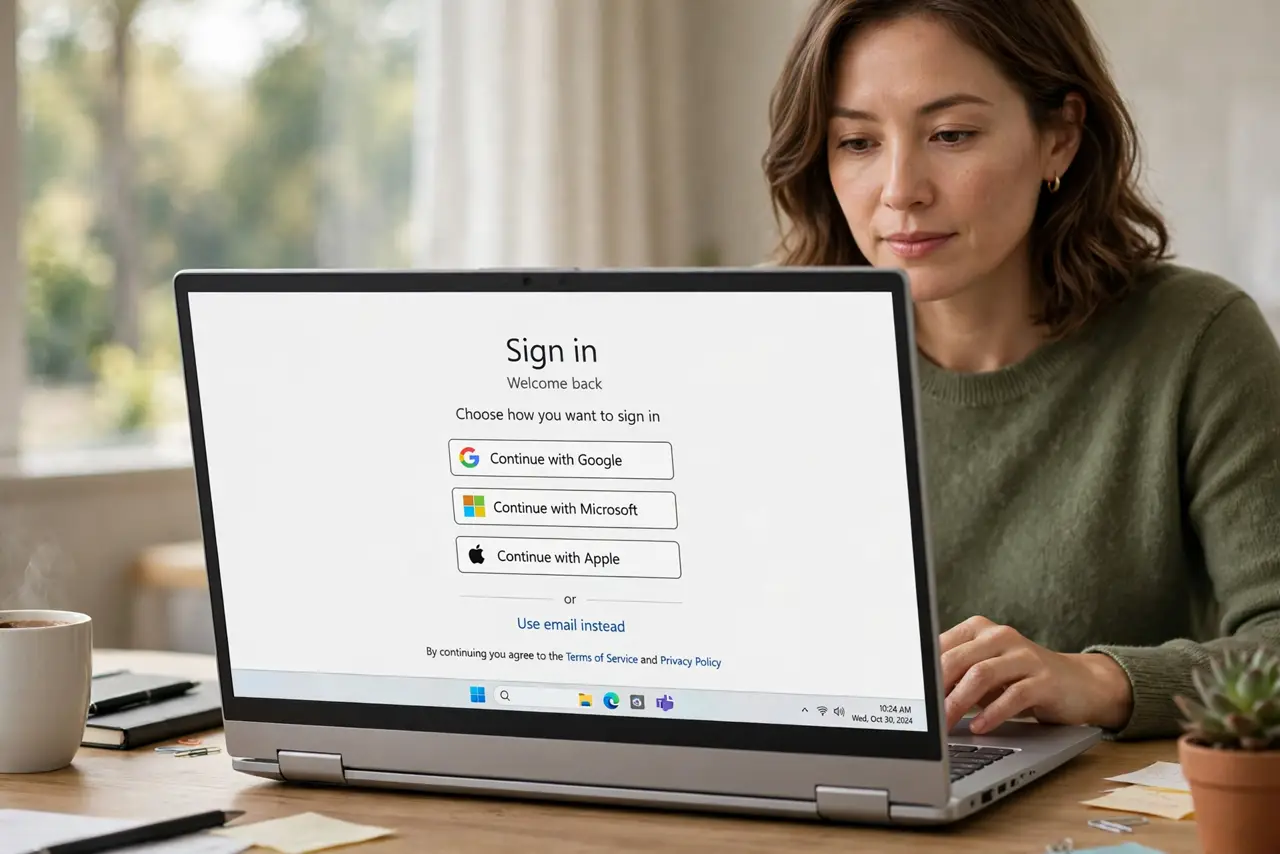 a calm adult at a desk with a real laptop, the screen showing a normal login page with social sign-in buttons and legible text, the person choosing carefully