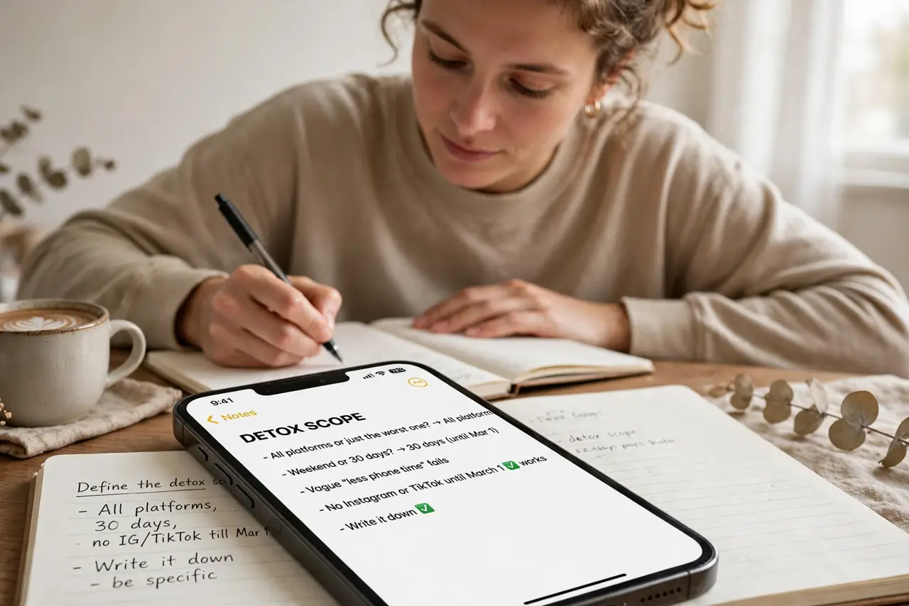 A person performing the first step of the guide: Define the detox scope. All platforms or just the worst one? A weekend or 30 days? Vague less phone time.