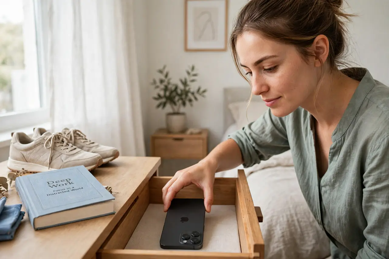 A person placing a real smartphone face-down in a drawer, a book and walking shoes visible beside it, the person's face relieved and determined.
