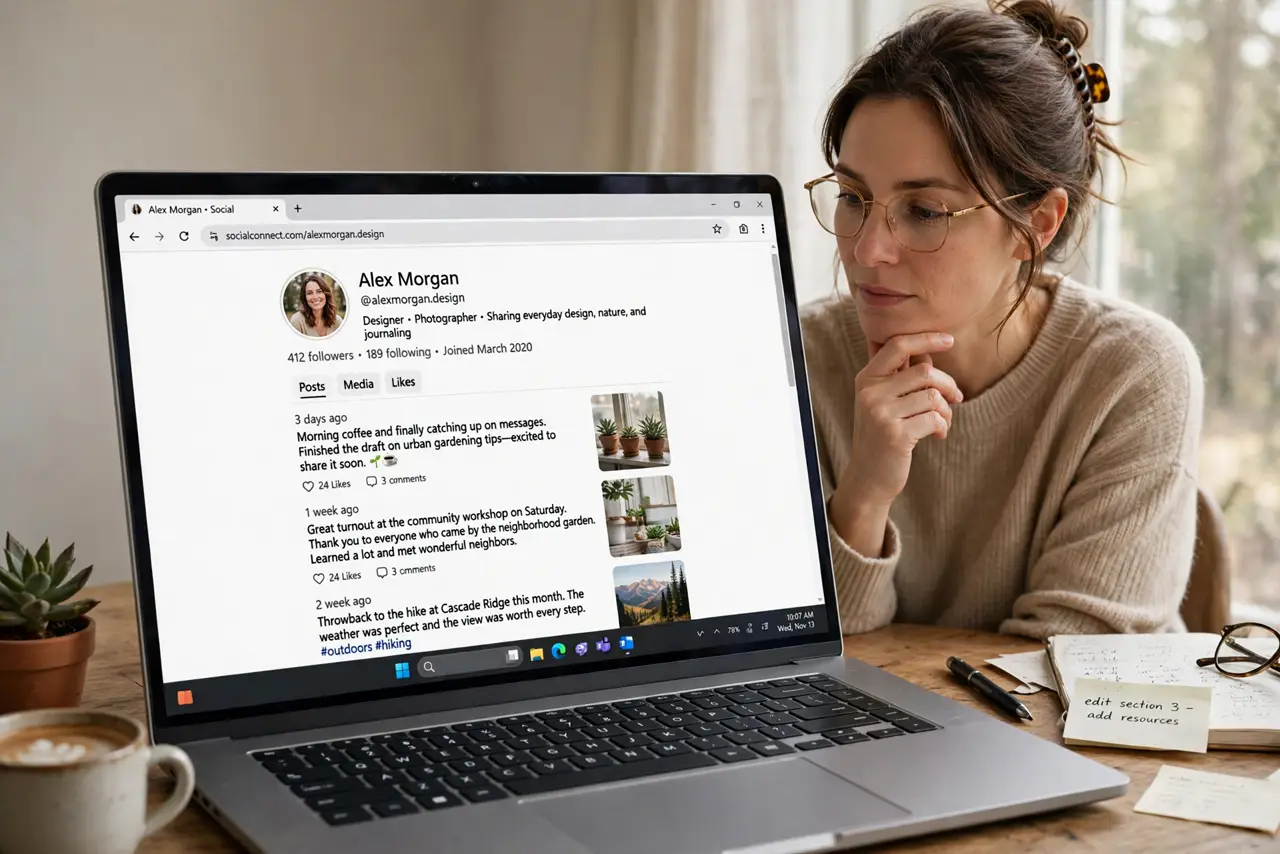 a calm adult at a desk with a real laptop, the screen showing a normal social media profile page with old posts and legible text, the person reviewing them thoughtfully