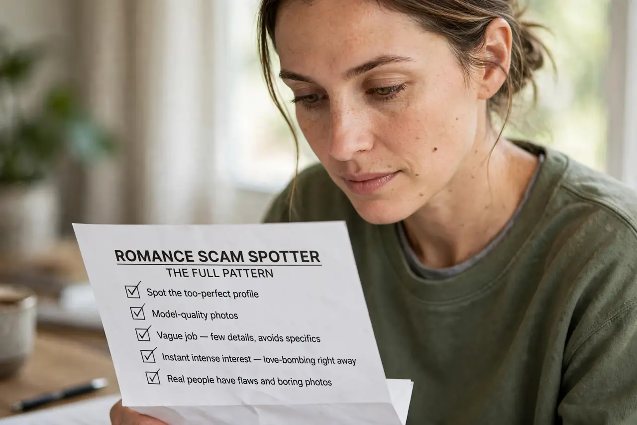 A person performing the first step of the guide: Spot the too-perfect profile.