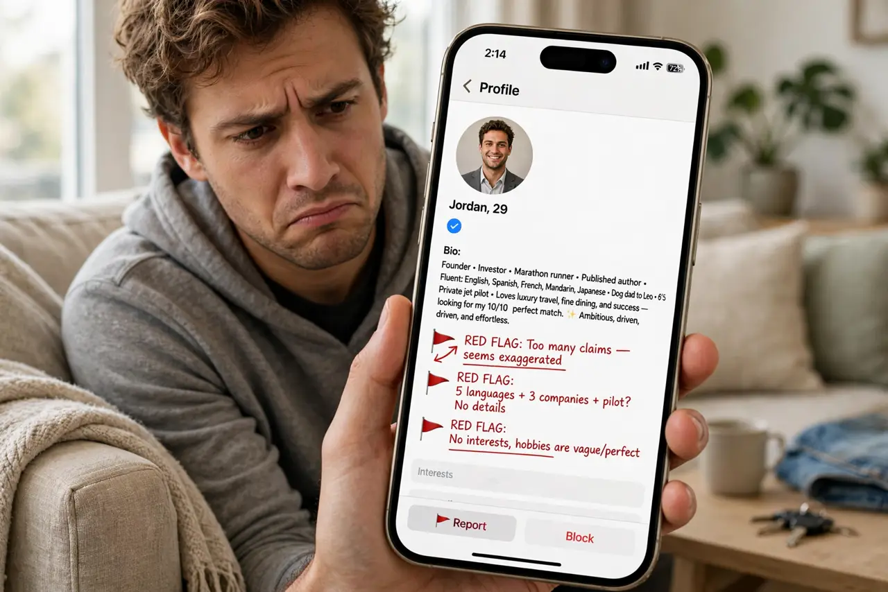 a person frowning at a real phone showing a too-perfect dating profile with legible bio, red flag icons annotated, the person's face skeptical, couch.