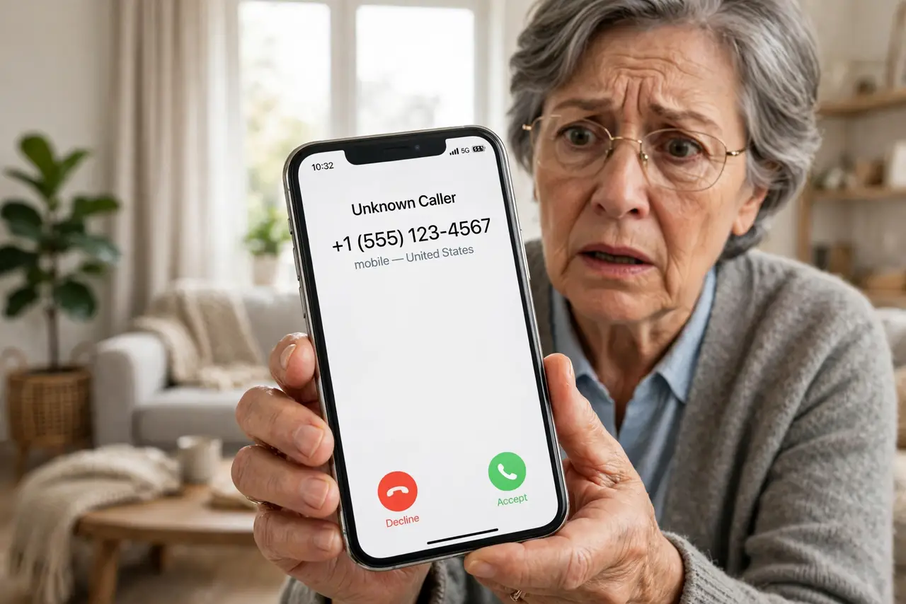 An alarmed older adult holding a real phone showing an unknown number fully legible, the person's face worried, living room.