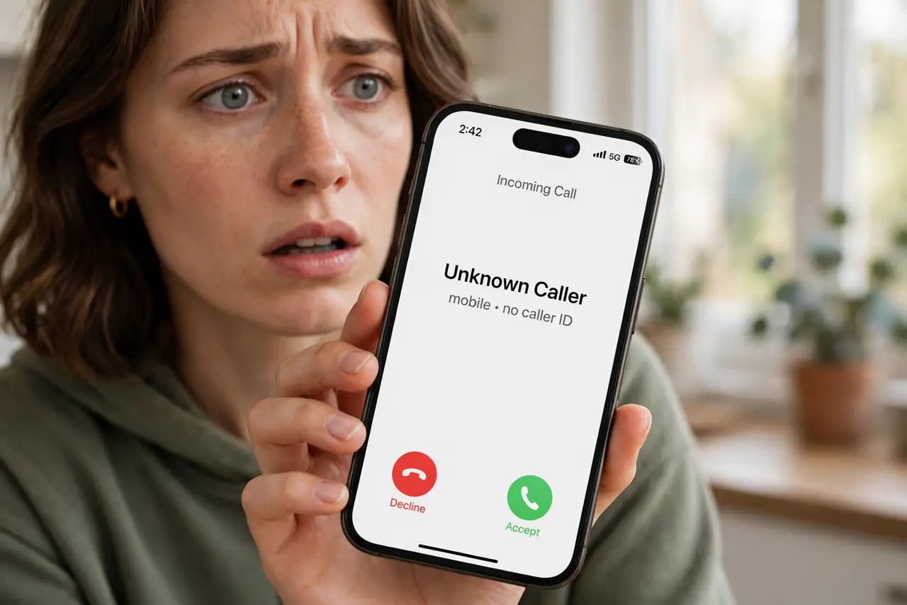 a person holding a real iPhone showing an incoming call from an unknown number with legible text, the person's face alarmed but pausing. No black screen, no blank white screen, no .