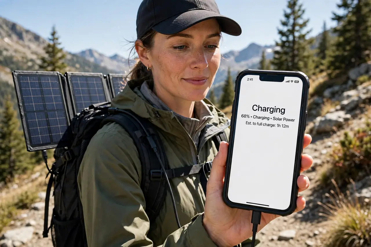 a person hiking with a real solar panel unfolded on a backpack charging a real phone, the phone screen showing the charging indicator legibly, sunny mountain...