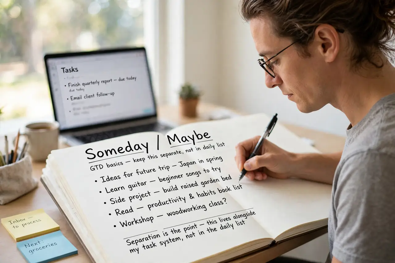 A person performing the guide's first step: Create the list. One page or one note titled Someday/Maybe. It lives alongside your task system, not inside your daily list — separation is…
