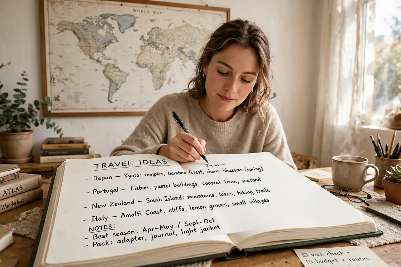 A person writing travel ideas in a real notebook with a world map on the wall behind, the person's face dreamy but organized, cozy study.