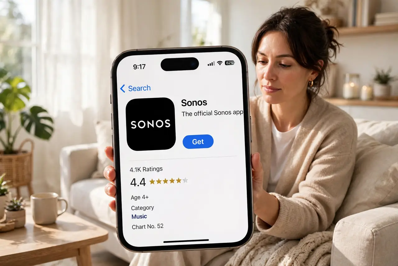 Photoreal photo of a person performing the first step: Install the Sonos app first. Download the Sonos app on your phone before plugging anything i...