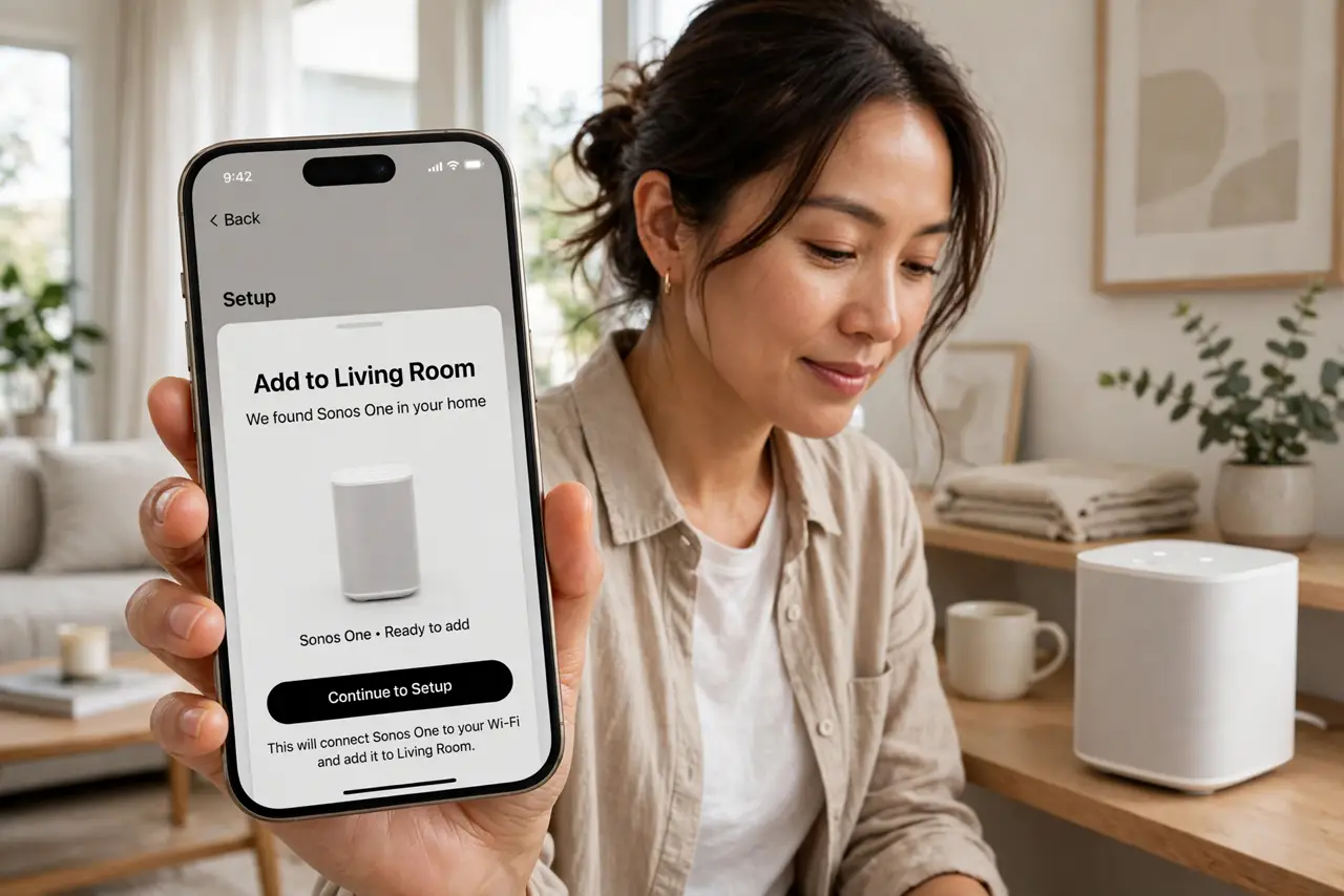 Photoreal photo: a person holding a real smartphone showing the legible Sonos app setup screen next to a real Sonos speaker on a shelf, the person's face focused, bright living room. No black screen, no blank white...