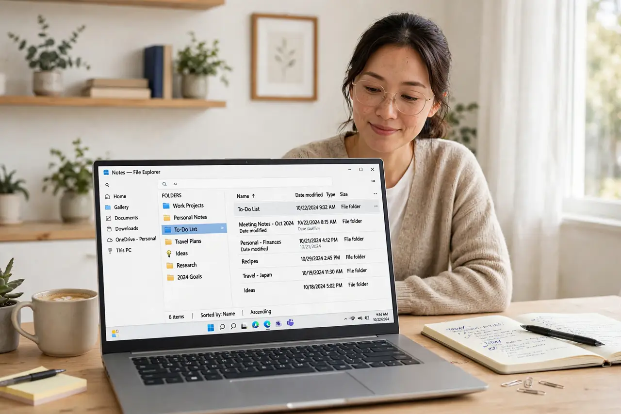 A person at a desk with a real laptop showing legible sorted note folders and a notebook, the person's face relieved and organized, bright home office..