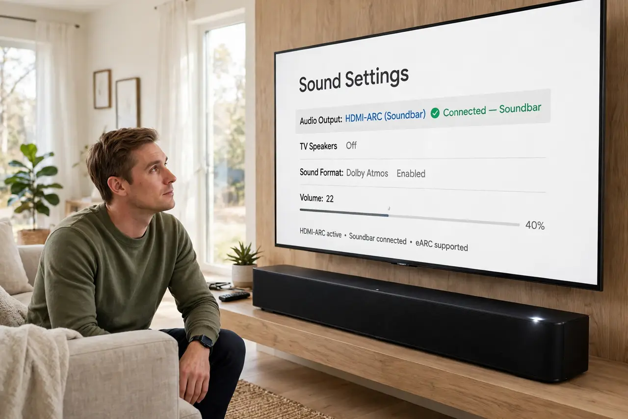 Photoreal photo of a person performing the first step: Confirm the TV's audio output. In the TV's sound settings, set audio output to the soundbar ...