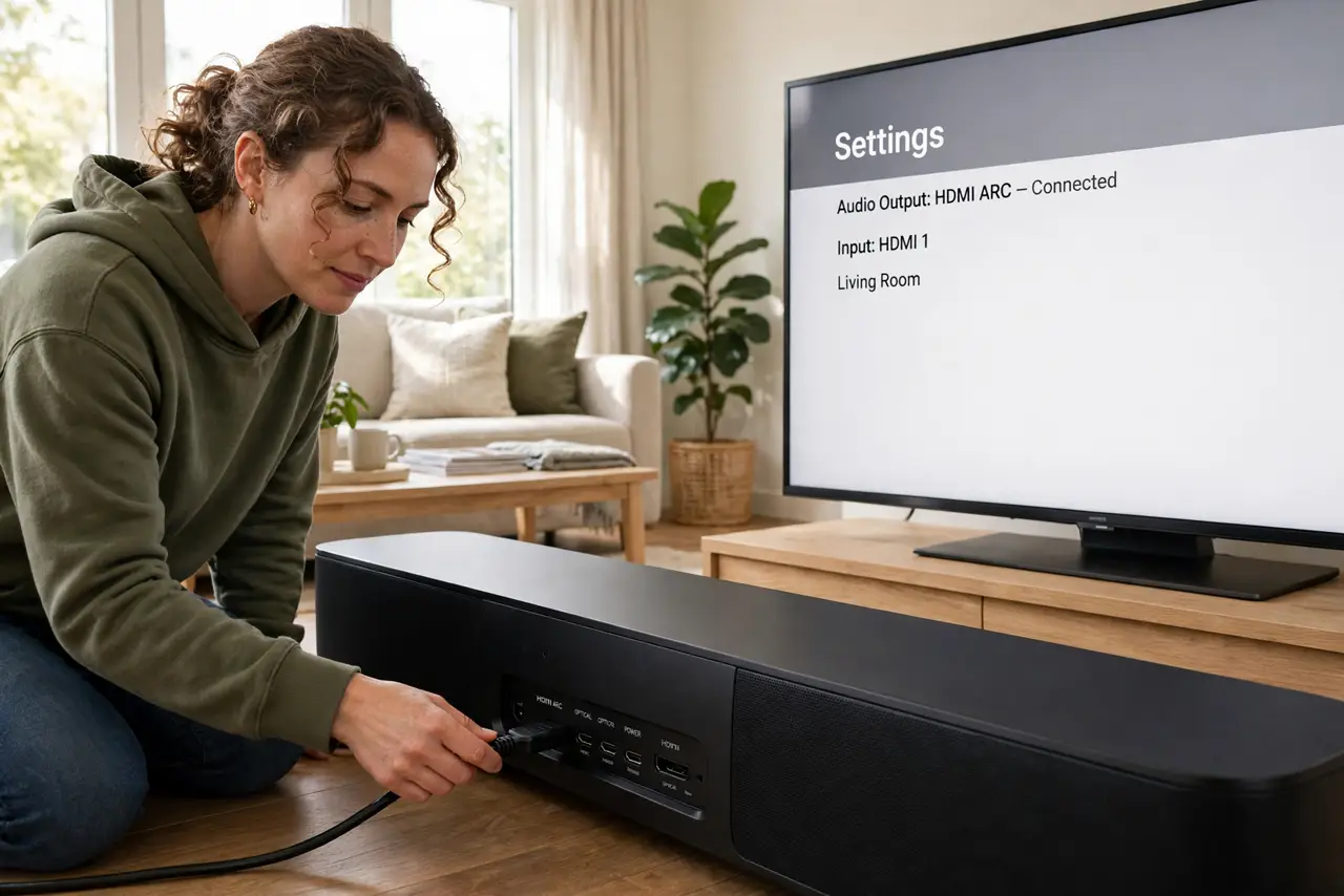 Photoreal photo: a person kneeling beside a real TV and real soundbar, checking the cable connection at the back of the soundbar, the person's face concentrated, living room. No black screen, no blank white screen,...