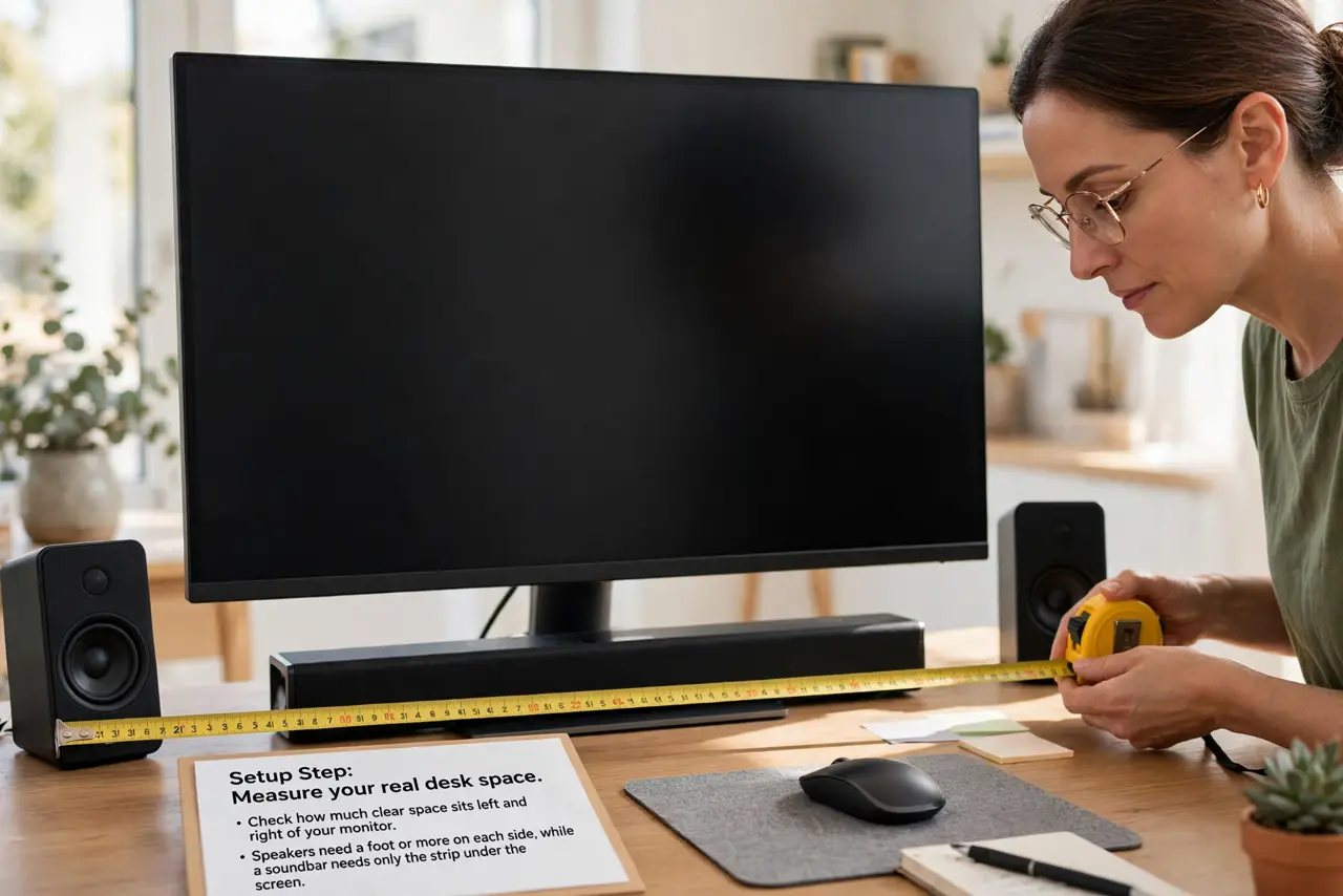 A person performing step 1 of the guide: Measure your real desk space. Check how much clear space sits left and right of your monitor. Speakers need a foot or more on each side,...