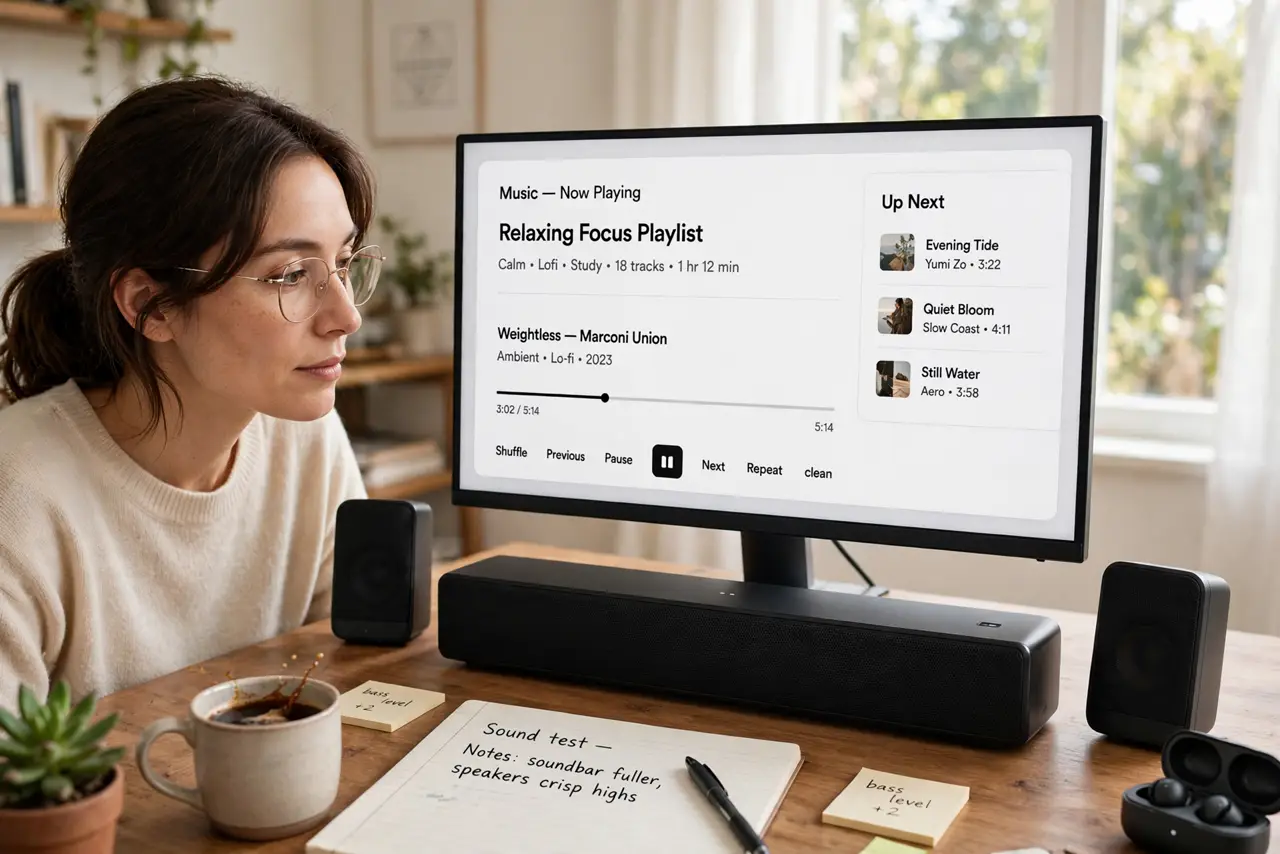 a calm adult at a desk with a real soundbar under a monitor and a pair of small speakers beside it for comparison, the screen showing a normal music app with legible text