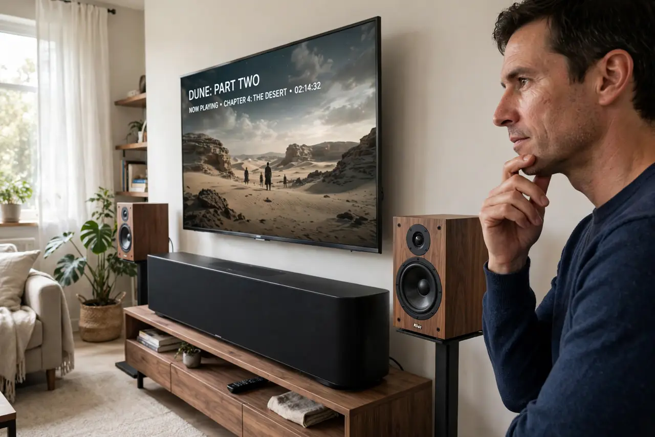 A person in a living room comparing a real soundbar under a TV and real bookshelf speakers on stands, both visible with the TV showing a legible movie scene, the person's face weighing the choice..