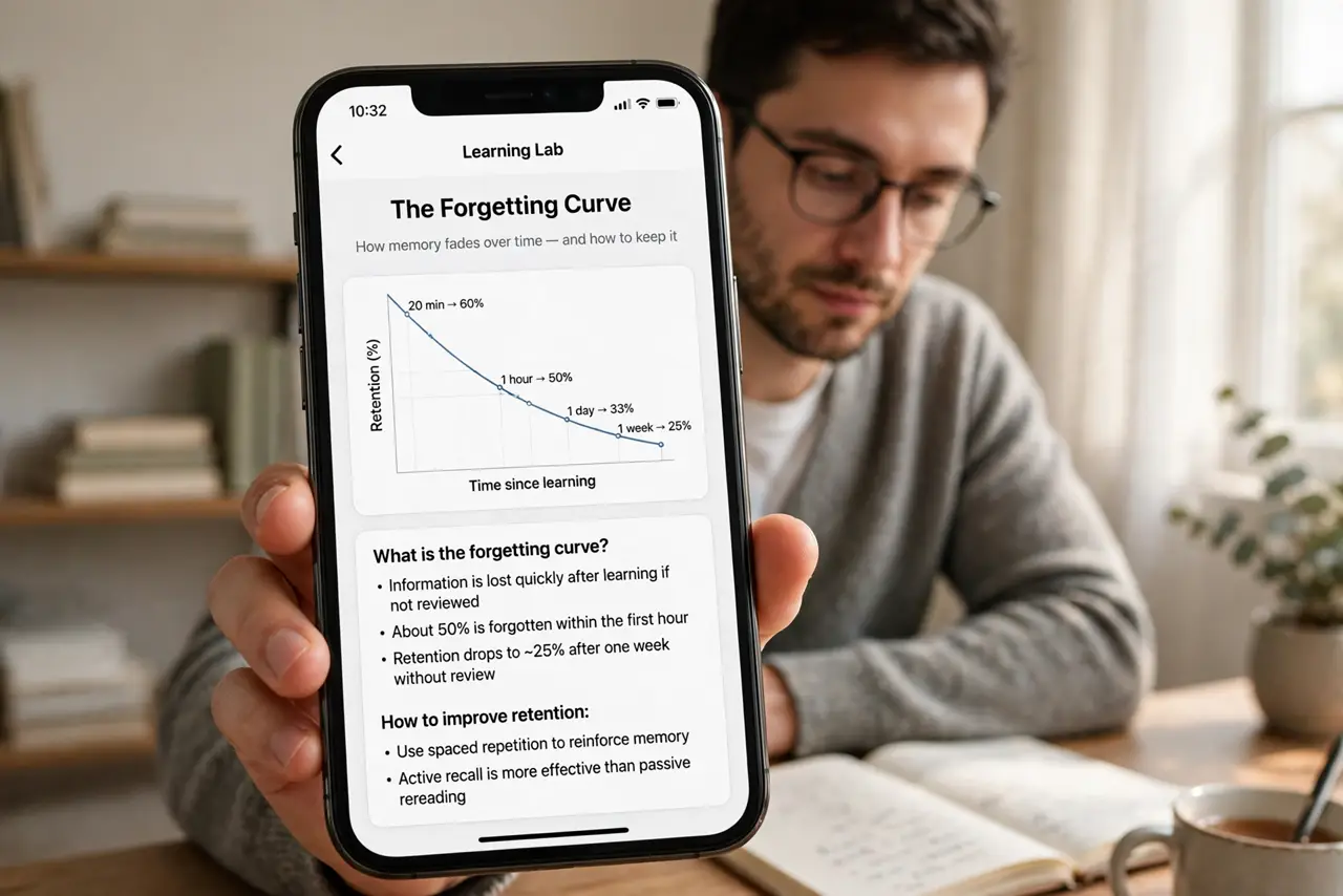 Photoreal photo of a person performing the first step: Understand the forgetting curve. New memories decay fast — most of a lesson evaporates withi...