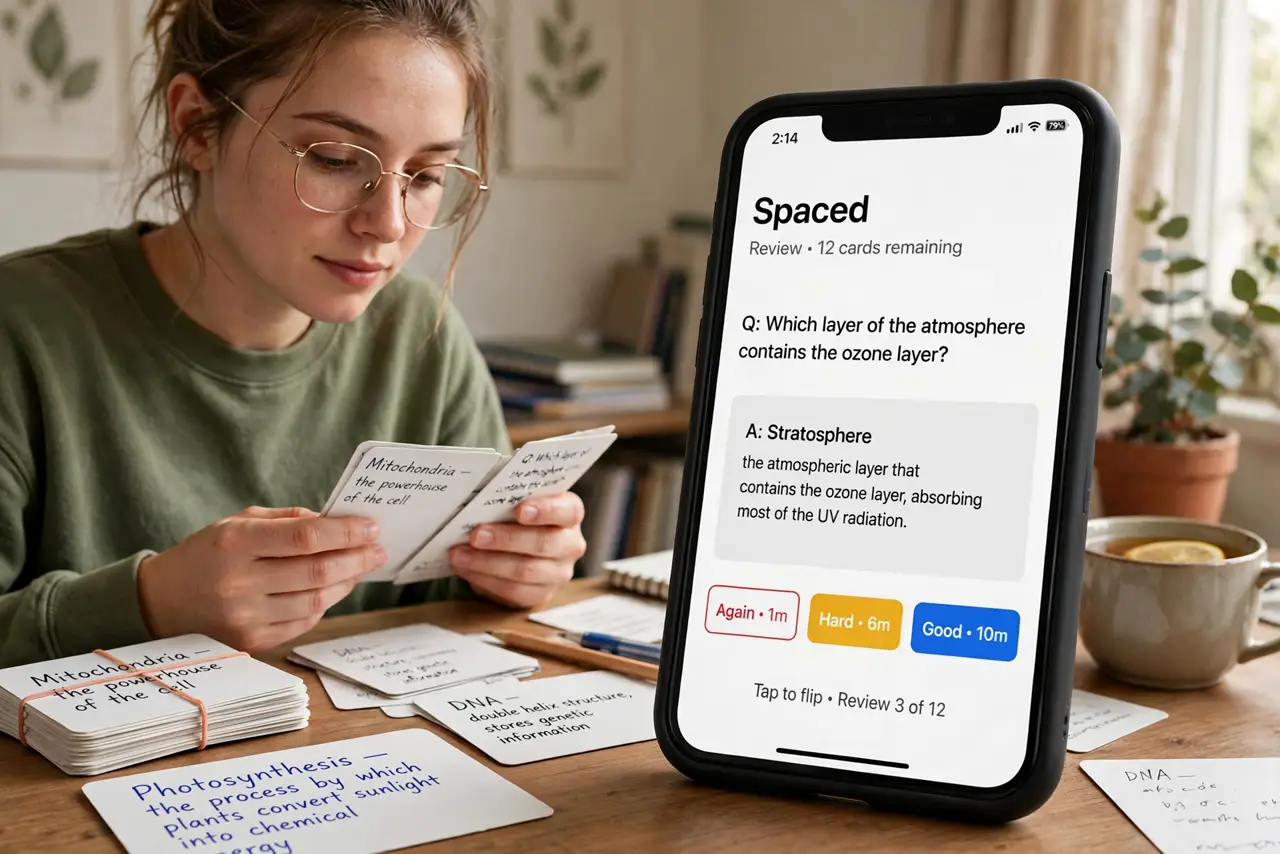 Photoreal photo: a person studying with real flashcards on a desk, a phone nearby showing a spaced repetition app with a review card legible, the person's face concentrated, quiet study room. No black screen, no bl...