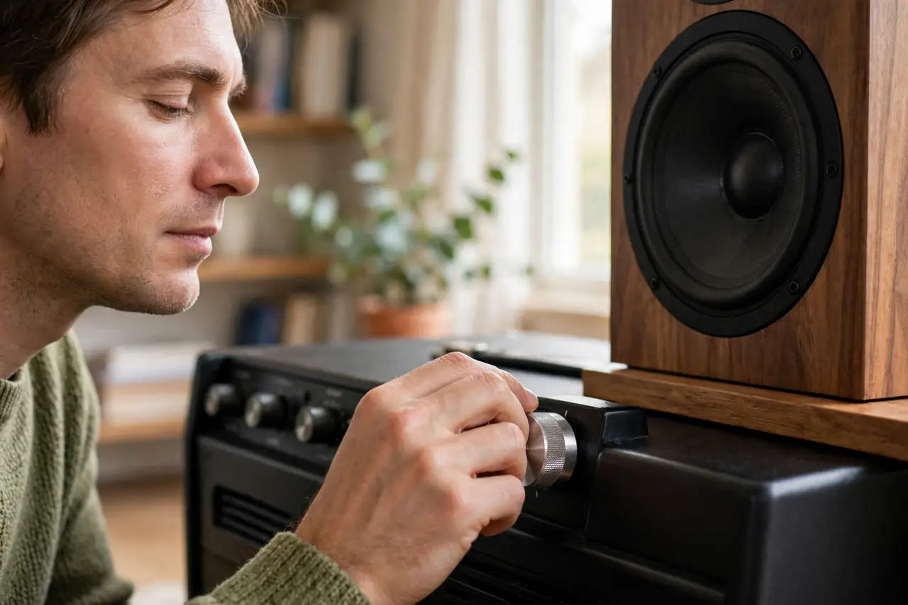 A person performing step 1: Find the volume where the crackle starts.