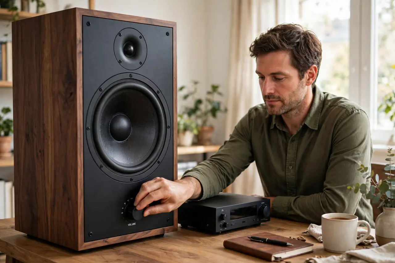 A calm adult at a desk next to a real bookshelf speaker, the person's hand turning the volume knob down slightly, the speaker cabinet visible with a normal audio source device beside it, focused but not alarmed.