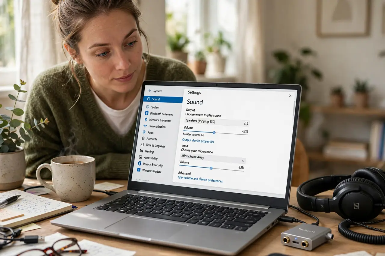 a person comparing a small real external DAC beside a laptop with legible audio settings on screen, headphones nearby, the person's face curious, home desk.