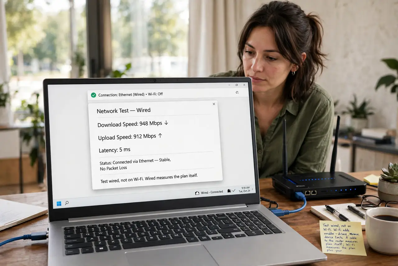 A person performing step 1: Test wired, not on Wi-Fi. Wi-Fi adds variables — distance, interference, device limits. A cable to the router .