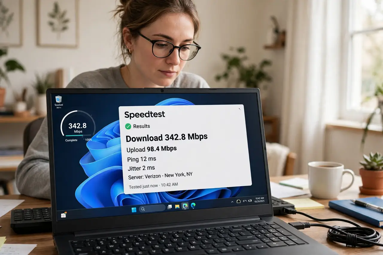 A person at a desk running a real speed test on a laptop with results legible on screen, an ethernet cable plugged in beside them, the person's face.