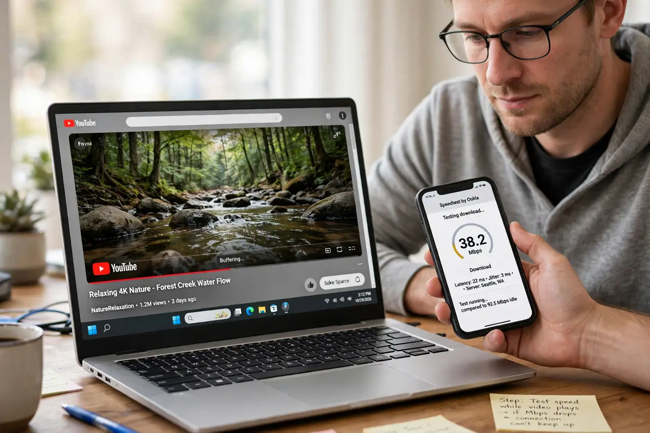 A person performing step 1 of the guide: Test speed while the video plays. Run a speed test on another device while the video buffers. If the number drops during playback, your connection cannot keep up, no matter what an...