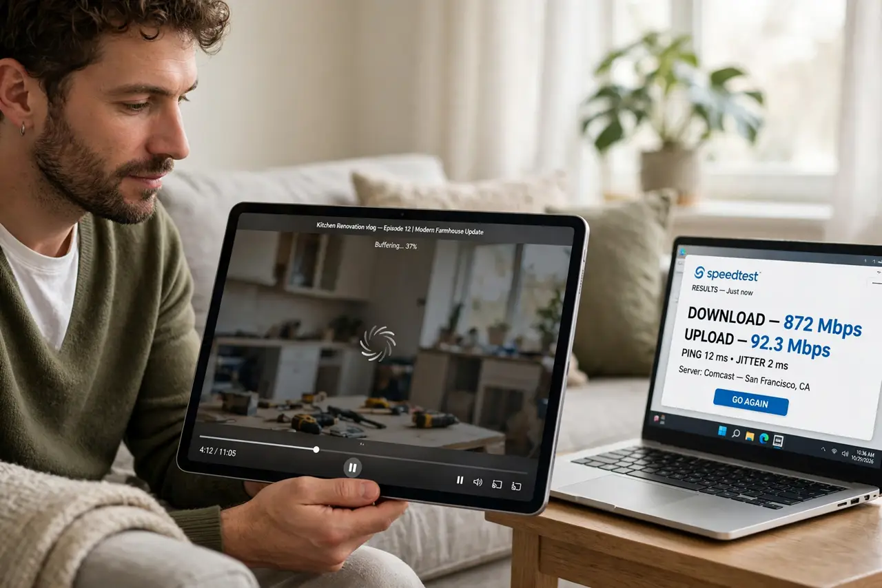 a calm adult on a couch with a real tablet showing a video with a buffering spinner, a laptop on a side table showing a fast speed test result, both screens legible. No black screen, no blank white screen, no fake or ...
