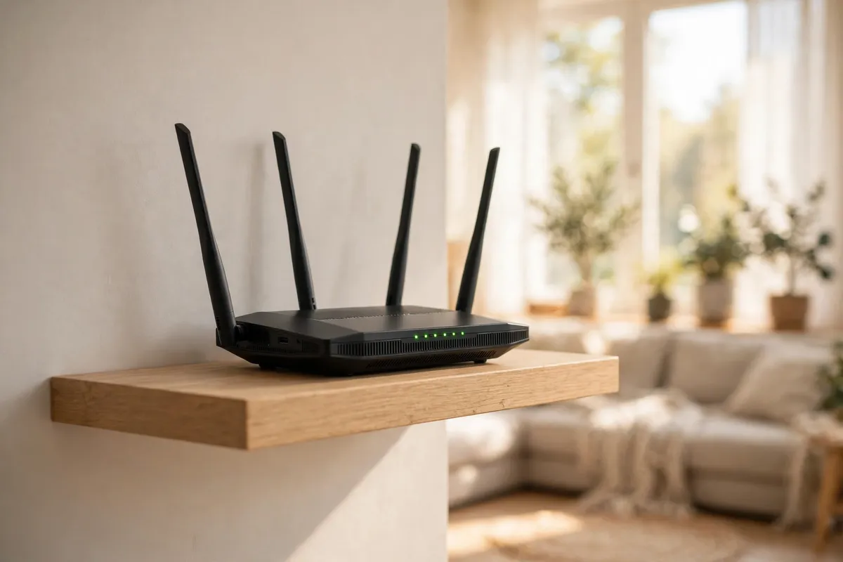 A black router with four antennas sitting in the open on a wooden wall shelf in a bright living room.