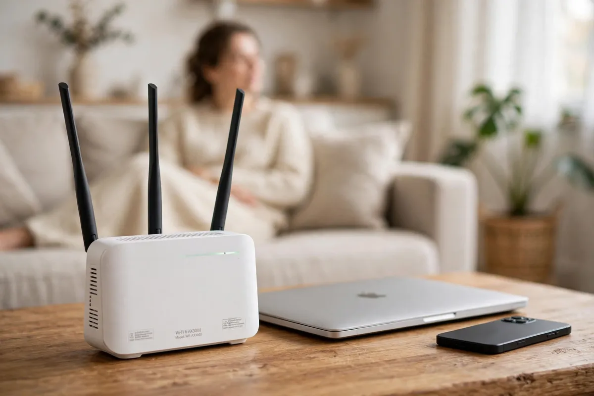 A white Wi-Fi router with its antennas up, sitting in the open on a wooden table in a bright living room, with a closed laptop and a phone lying face down nearby.