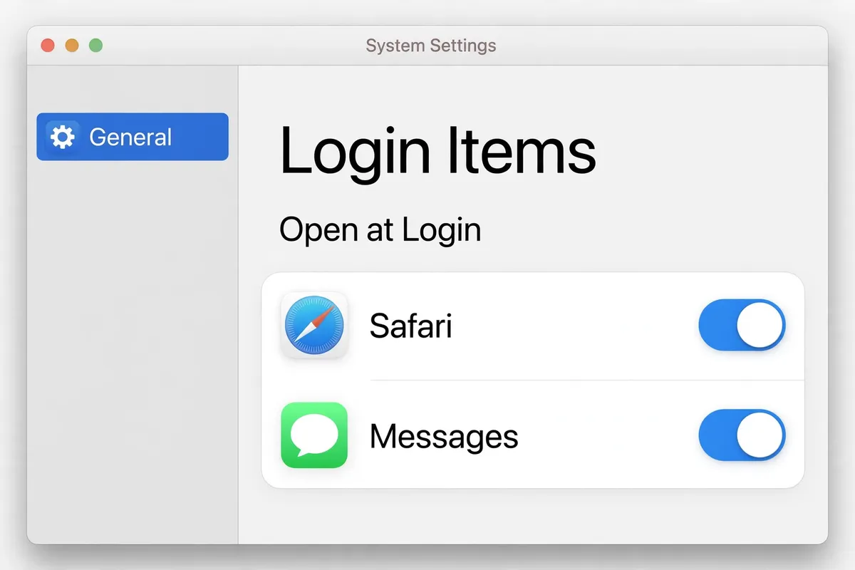 Example recreation of macOS System Settings General Login Items showing apps set to open at login.