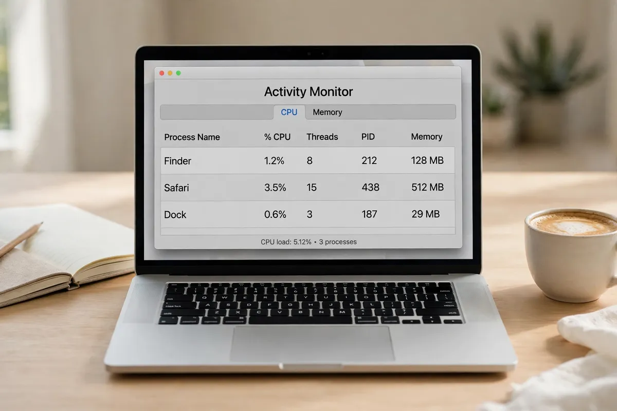 A MacBook on a clean bright desk beside a notebook and a cup of coffee, its screen showing macOS Activity Monitor with CPU use by app.