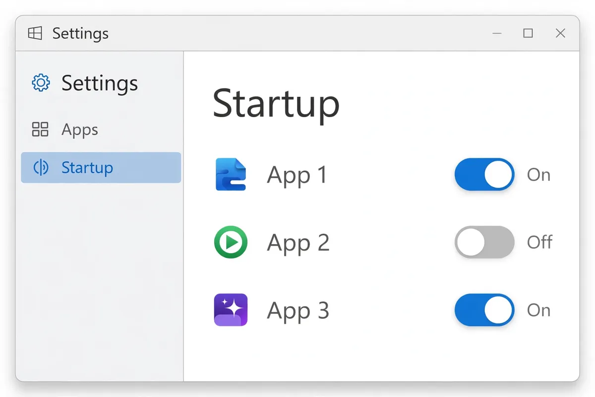 Example recreation of the Windows Settings Startup screen, showing apps with On and Off toggles.
