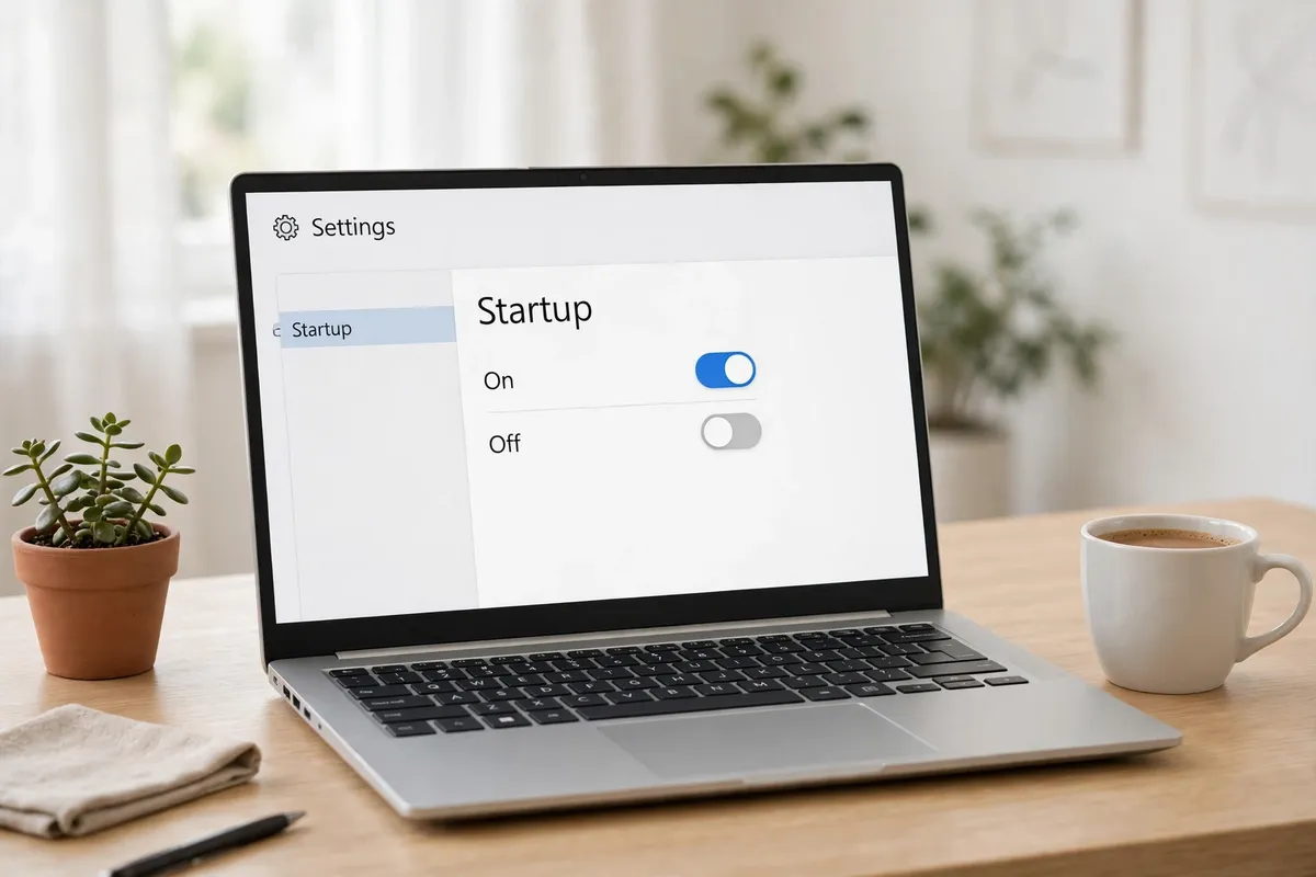 A laptop showing Windows Startup settings with On and Off toggles, on a bright tidy desk beside a cup of coffee and a small potted plant.