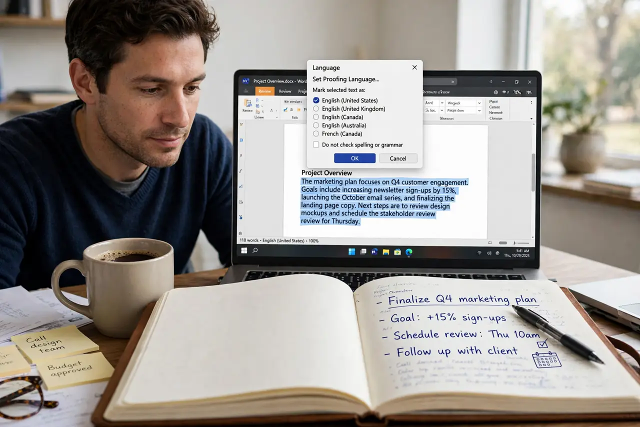 A calm adult with all document text selected and the proofing language menu open on screen.