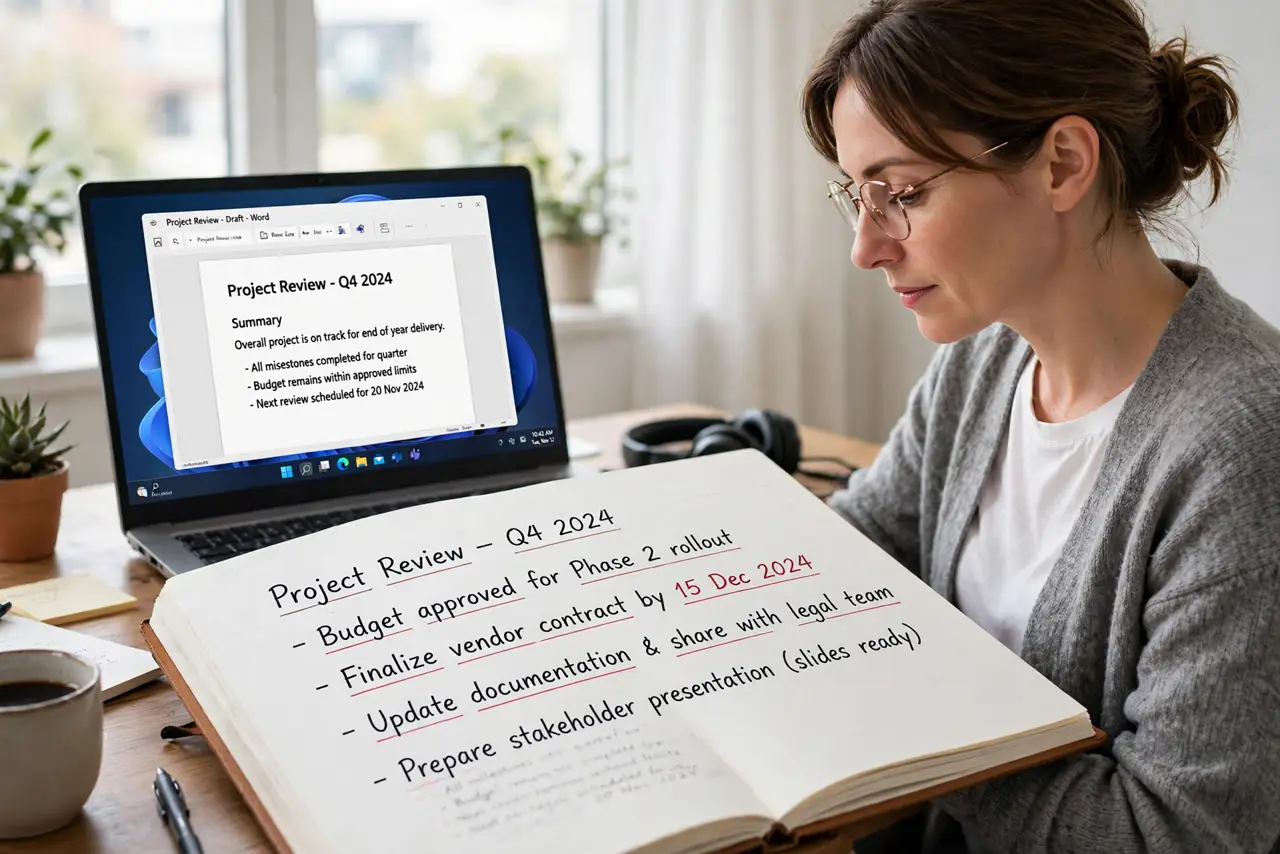 A calm adult at a desk reading a document on a Windows laptop showing normal text with a few underlines.
