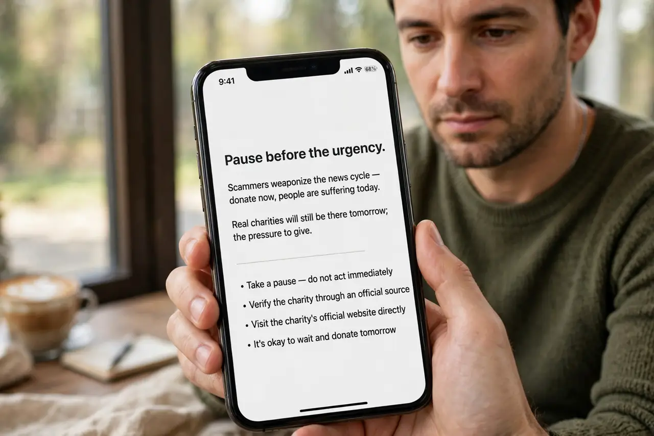 A person performing step 1: Pause before the urgency. Scammers weaponize the news cycle — donate now, people are suffering today. Real cha.