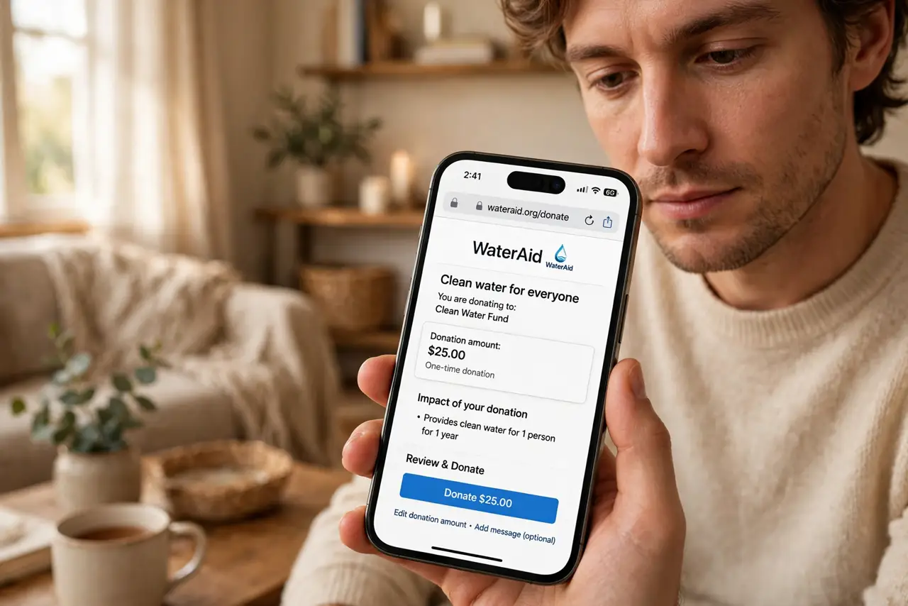 A person pausing before donating on a real phone, the screen showing a legible charity website, the person's face thoughtful and careful, warm living room.