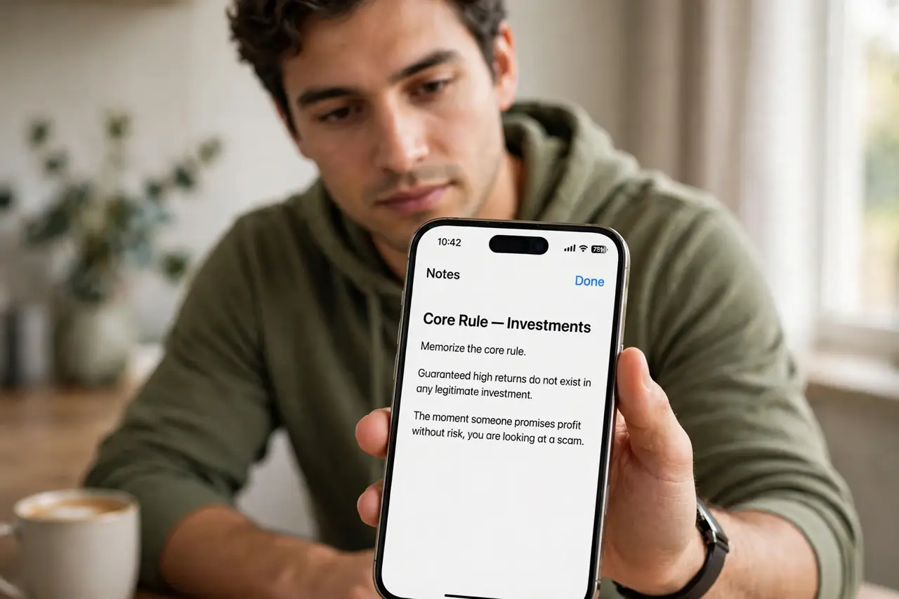 A person performing step 1: Memorize the core rule. Guaranteed high returns do not exist in any legitimate investment. The moment someone .