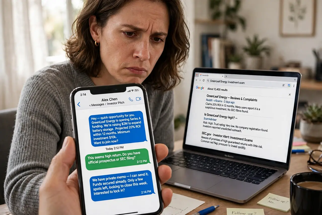 A person looking skeptically at a real phone showing a legible messaging app with an investment pitch, a laptop beside them showing a search results page, the person's.