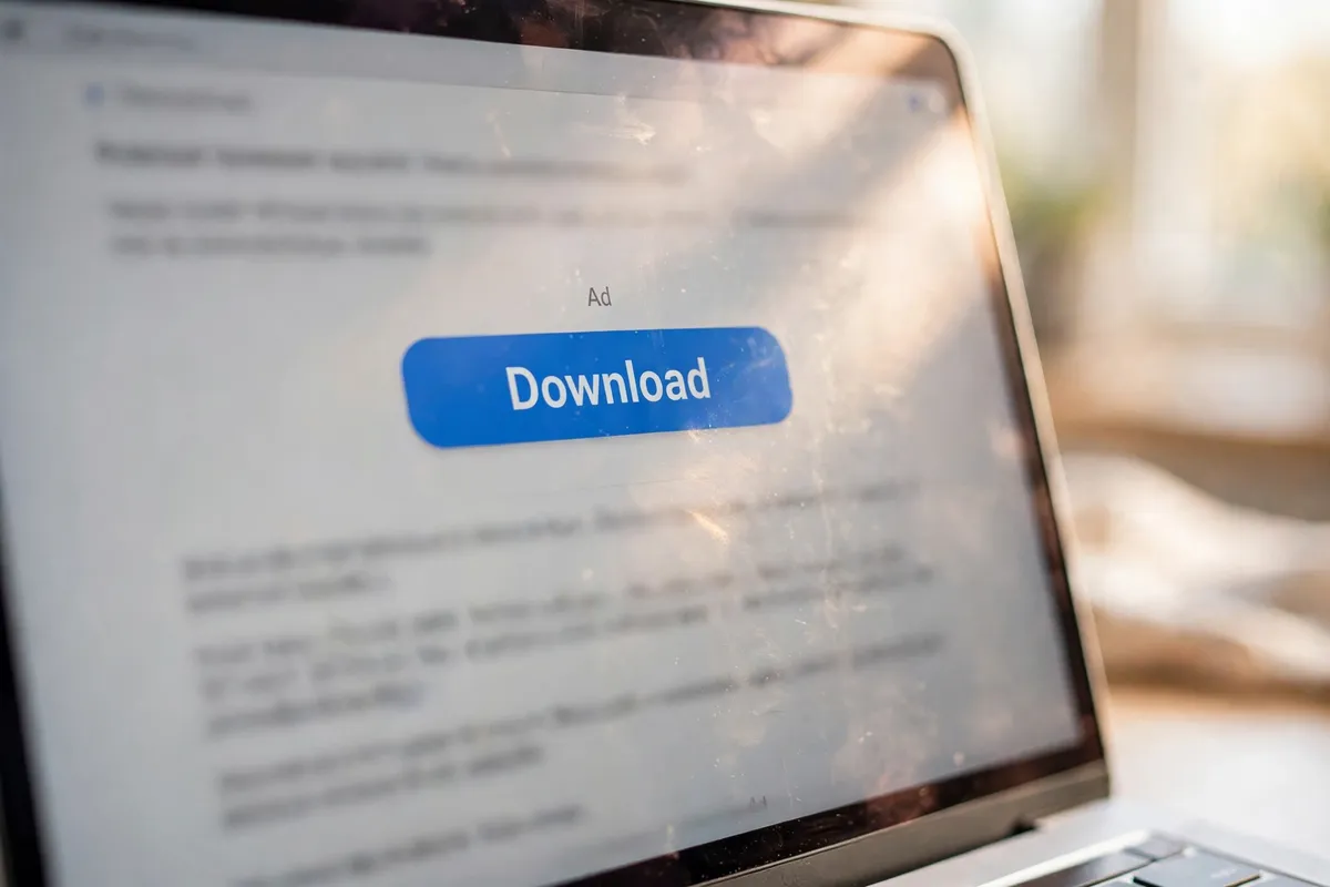 Close-up photograph of a laptop screen showing a large blue Download button with a small Ad label above it.