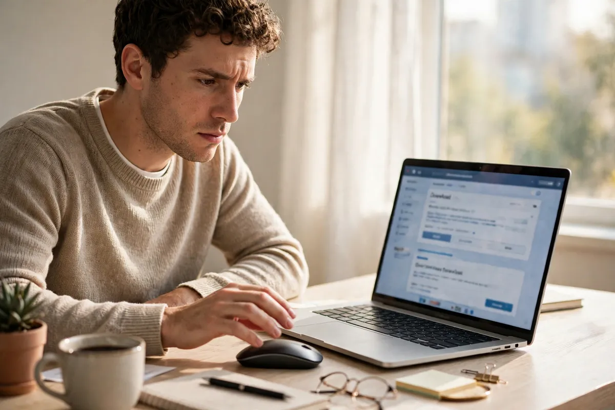 A man at a bright desk pausing with his hand over the mouse, studying a laptop screen full of download buttons before clicking.
