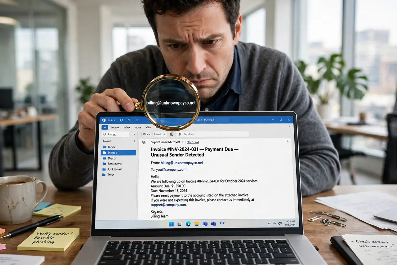A person at an office desk scrutinizing a real laptop showing an invoice email with legible text, magnifying the sender address, the person's face suspicious and careful, daylight office..