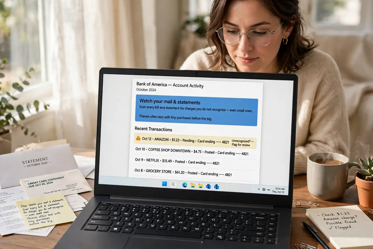 A person performing the guide's first step: Watch your mail and statements. Scan every bill and statement for charges you do not recognize — even small ones. Thieves often test with…