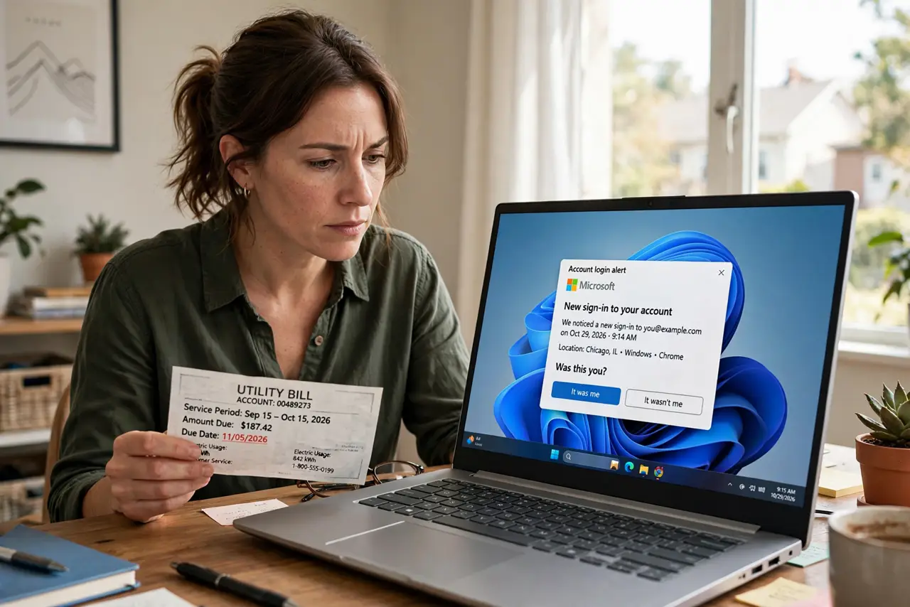 A person at a real desk examining a paper bill with a concerned expression, a laptop showing an account login alert beside it, the person's face alert and decisive, home office.