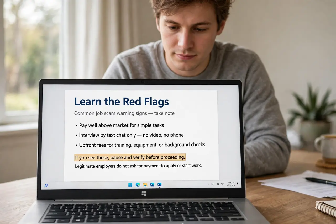 A person performing the guide's first step: Learn the red flags. Pay well above market for simple tasks. Interview by text chat only, no video, no phone. Upfront fees for training,…
