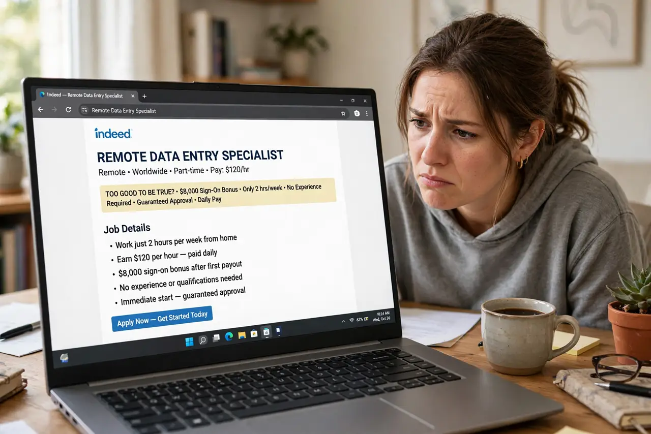 A person at a desk looking at a real laptop showing a legible job listing that looks too good to be true, the person's face skeptical, home office daylight..