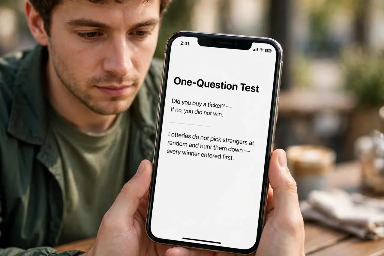 A person performing step 1: Apply the one-question test. Did you buy a ticket? If no, you did not win. Lotteries do not pick strangers at .